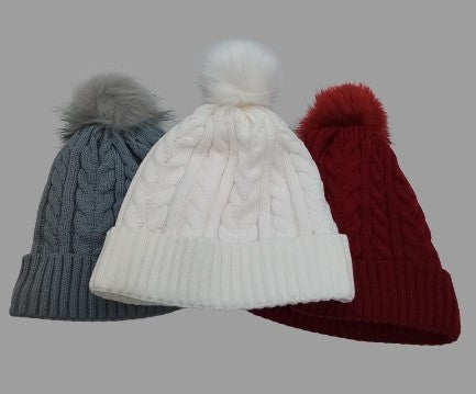 Adult Cable Knit, lined Pom Pom Hat