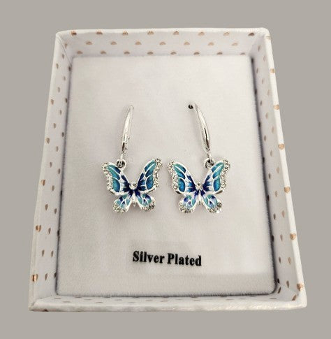 Handpainted Elegant Blue Butterfly Silver Earrings