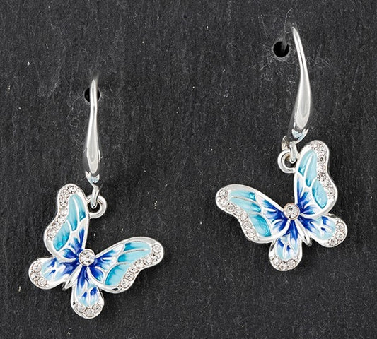 Handpainted Elegant Blue Butterfly Silver Earrings