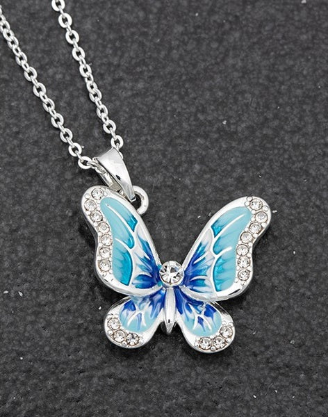 Handpainted Elegant Blue Butterfly Silver Necklace