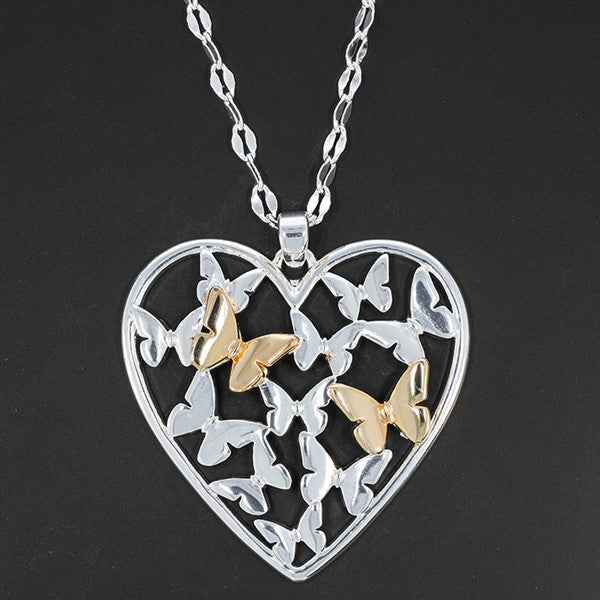 Filigree Two Tone Butterfly Heart Long Necklace