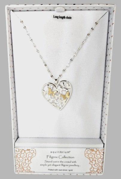Filigree Two Tone Butterfly Heart Long Necklace